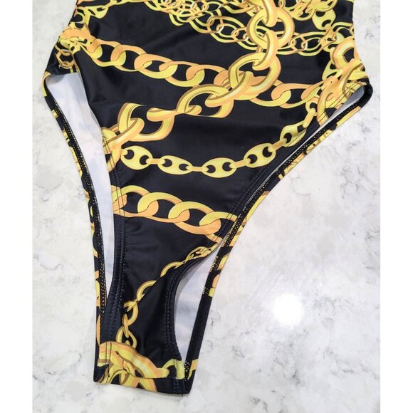 Chain Print Black & Gold One-Piece Swimsuit with Halter Tie & Lace Up Front S - Picture 3 of 7